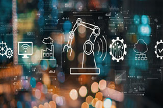Large icon for manufacturing machine in line with icons for settings, connection, networks, the cloud, and more.