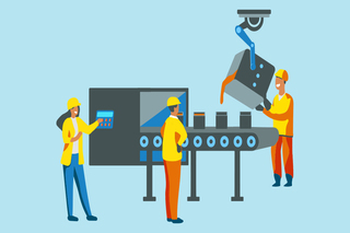 Clipart of three engineers in safety equipment filling containers with orange liquid on a conveyor belt.