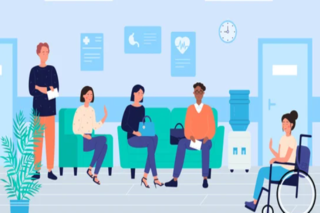 Clipart of diverse group of patients in the waiting room of a hospital.