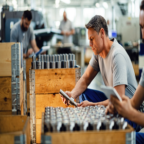 Middle aged male engineer inspecting the reliability of manufactured products in steel factory.