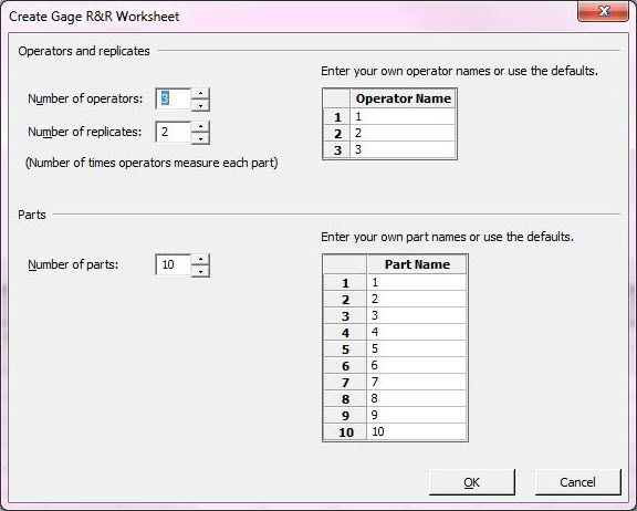 Assistant menu showing number of operators, replicates, and parts
