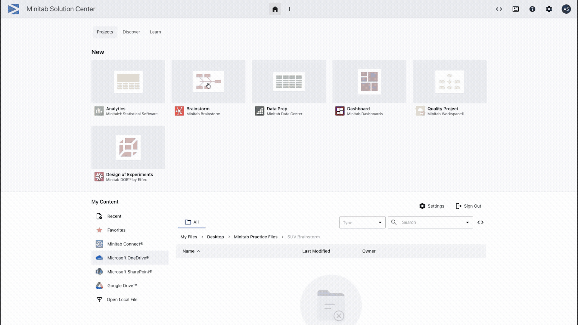 Interface de Brainstorm dans Minitab Solution Center
