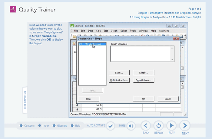 Minitab Statistical Software explaining bar charts and variables.