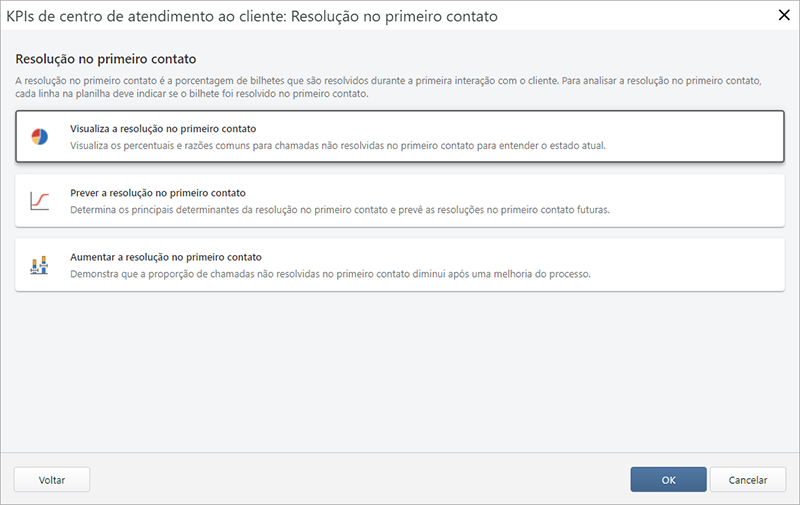 Captura de tela de possíveis análises de resolução de primeiro contato